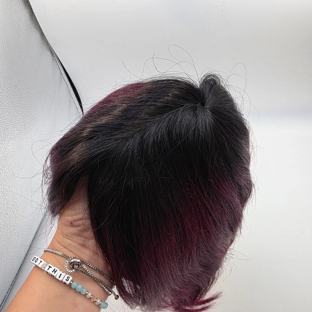 100% Human Hair Ombre Magenta Purple Bob Wig Dark Roots Layered Short Style